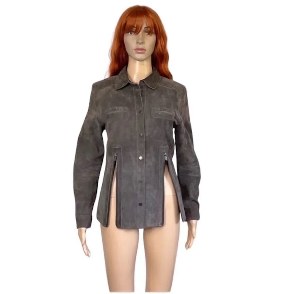 Anthropologie One Girl Who Taupe Suede Leather Snap Up Zipper Hem Shaket M